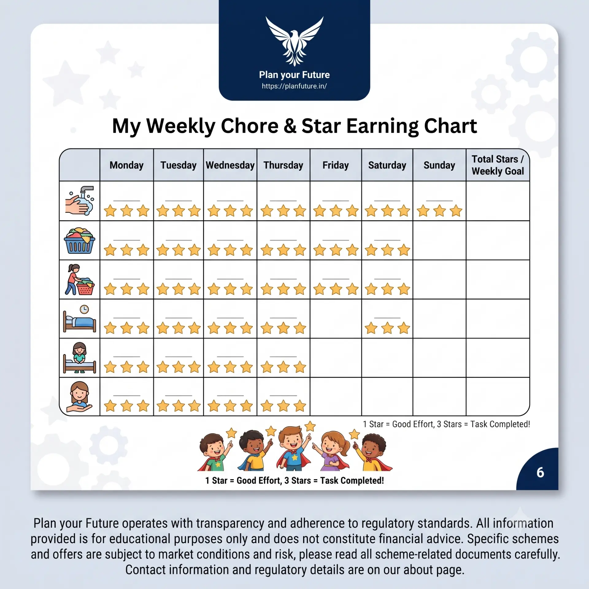 Page 6 — Weekly chore and star chart — My First Money Adventure